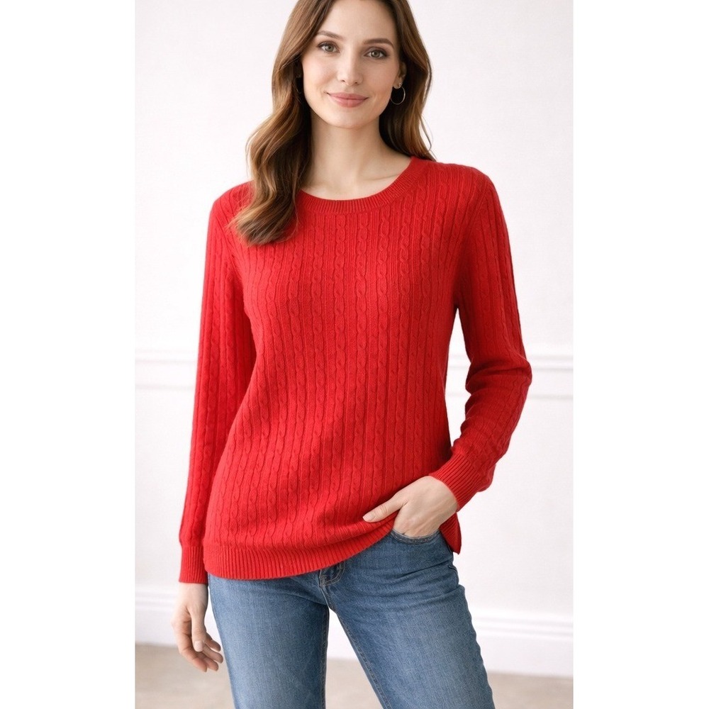 J Crew Cable Knit Sweater Womens XL Red Wool Cashmere Blend Crew Neck Preppy